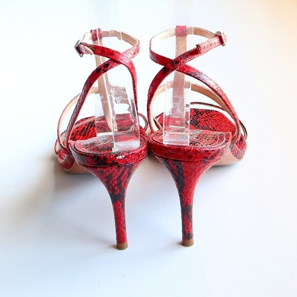 SCHUTZ Red Black Snakeskin Strappy Open Square Toe  Heeled Sandals Summer Shoes - Picture 6 of 16